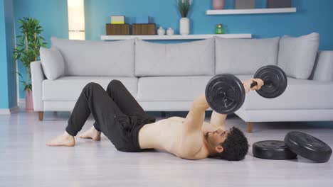 Young-man-doing-sports-and-muscle-exercises,-weight-training.